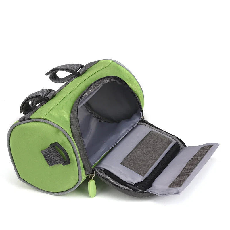 Premium waterproof bicycle handlebar bag made of durable polyester, with ample storage space for a smartphone and other cycling essentials.