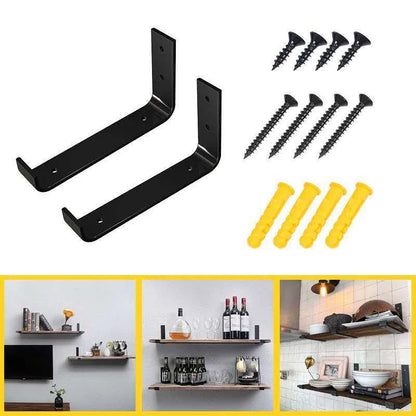 Sturdy black iron wall shelves in three sizes for displaying books, decor, and more in a rustic home setting
