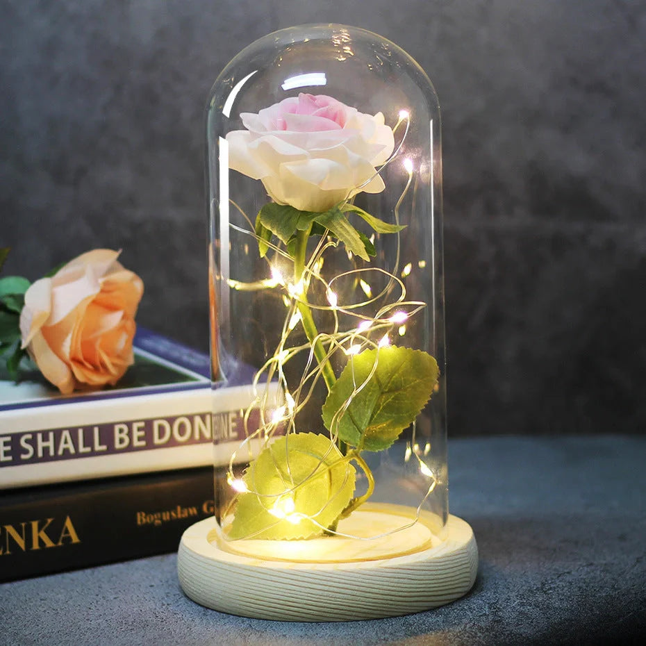 Enchanted Forever Rose in Glass LED Light decoration with realistic rose and wooden base