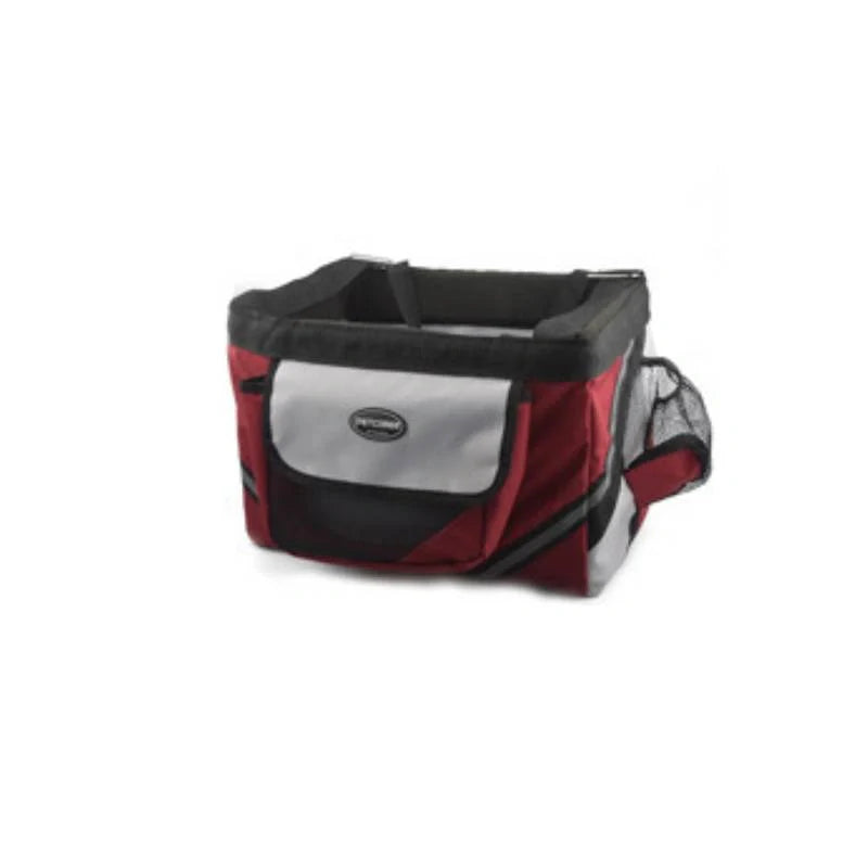 Pet bicycle carrier with removable basket for small cats and dogs, available in black, brown, blue, and red