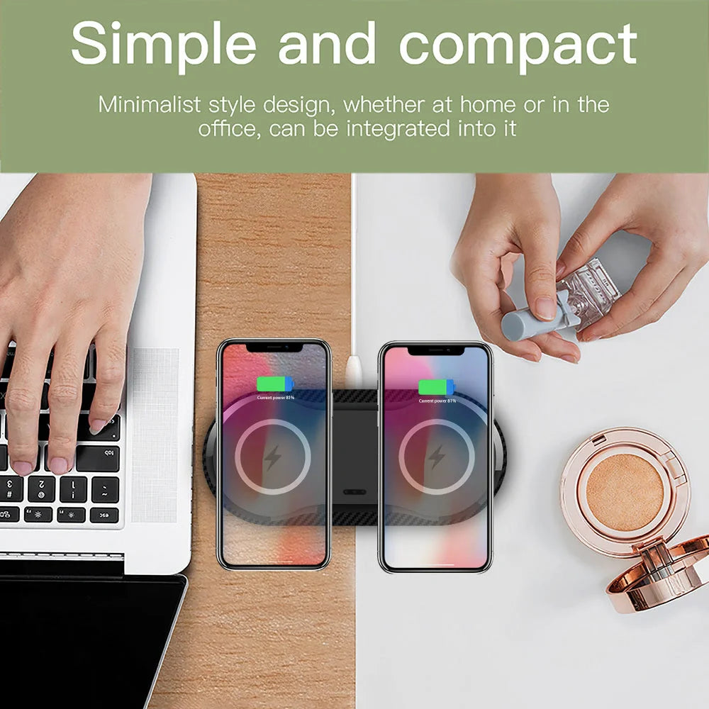 Dual wireless mobile phone charger in black and white, featuring intelligent temperature control