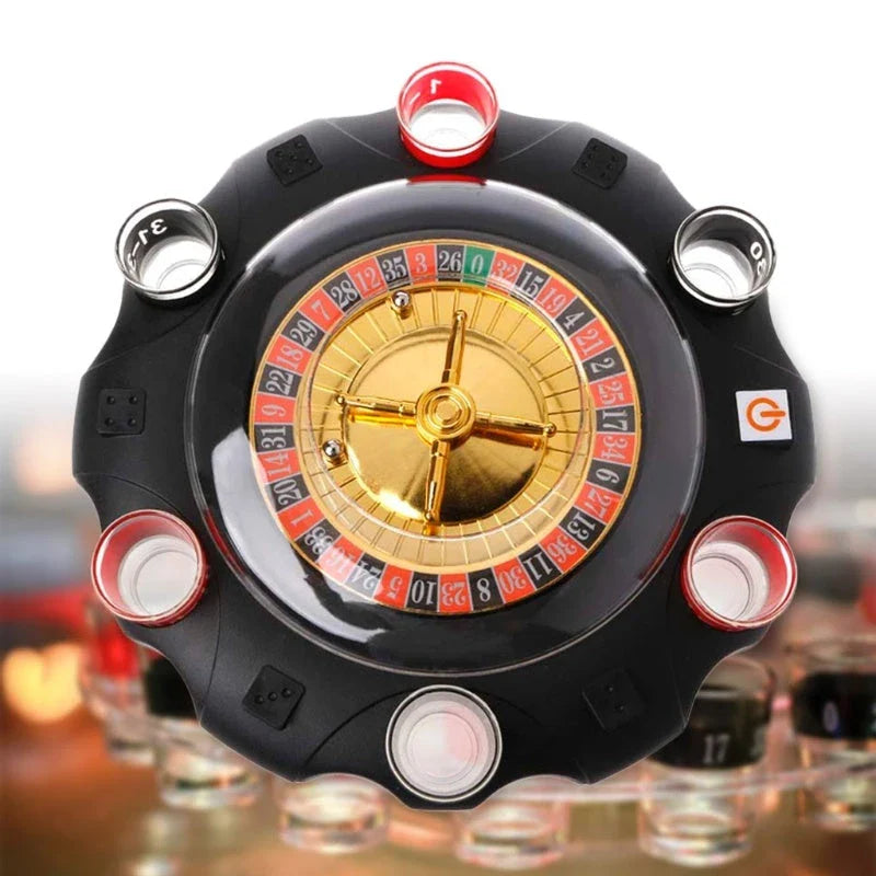 Elegant acrylic and glass roulette game set with spinning wheel and shot glasses, perfect for lively social gatherings