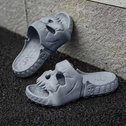 Spooky skull-designed slippers in various colors and sizes for indoor, outdoor, and beach wear