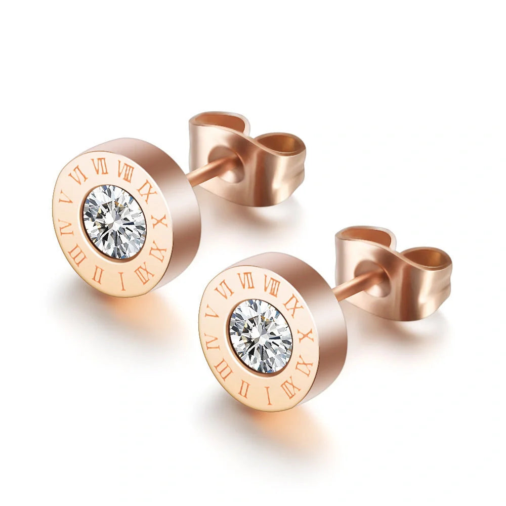Elegant titanium steel earrings with Roman numeral design and diamond studs