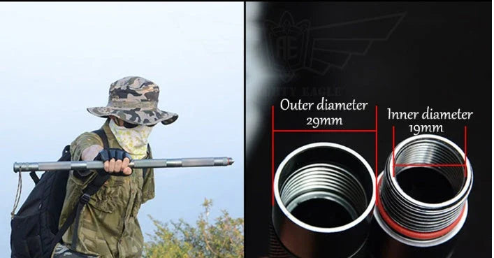 Durable tactical hiking stick with integrated survival tools, including a knife, bottle opener, and compass, for outdoor adventures and emergencies.