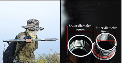 Durable tactical hiking stick with integrated survival tools, including a knife, bottle opener, and compass, for outdoor adventures and emergencies.