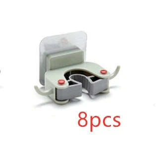 Adhesive wall-mounted mop and broom holder with double hooks for storing cleaning tools, available in multiple colors.