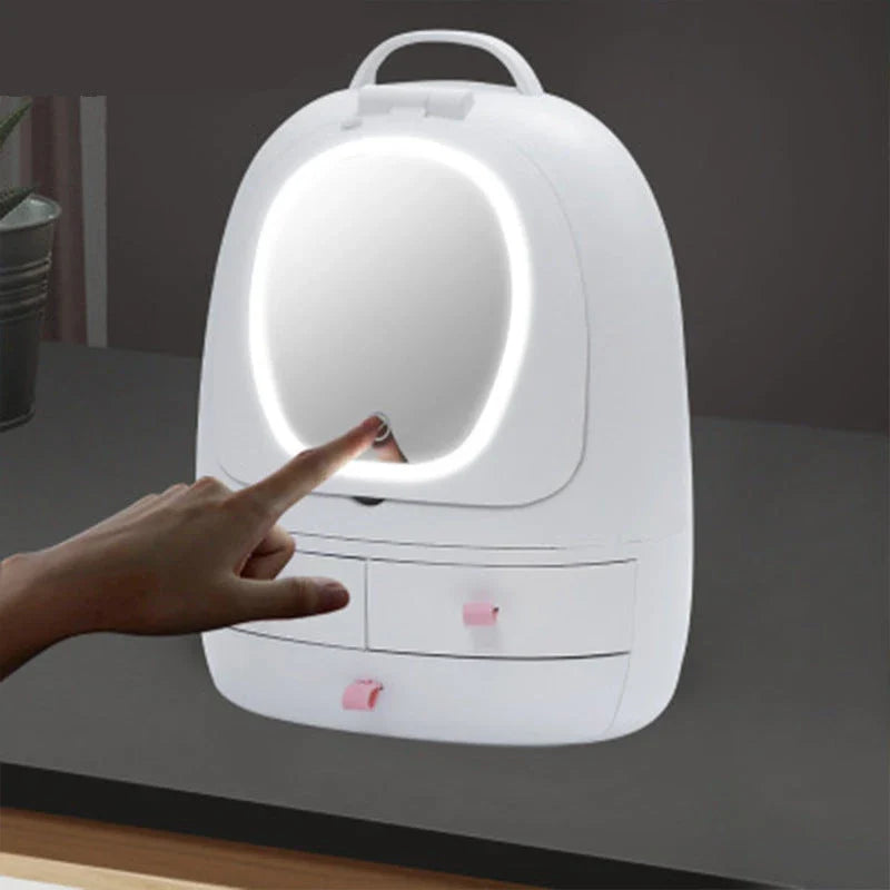 Luxury USB-powered cosmetic storage organiser with adjustable double-sided makeup mirror for a flawless beauty routine