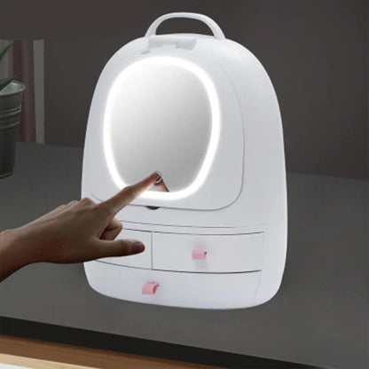 Luxury USB-powered cosmetic storage organiser with adjustable double-sided makeup mirror for a flawless beauty routine