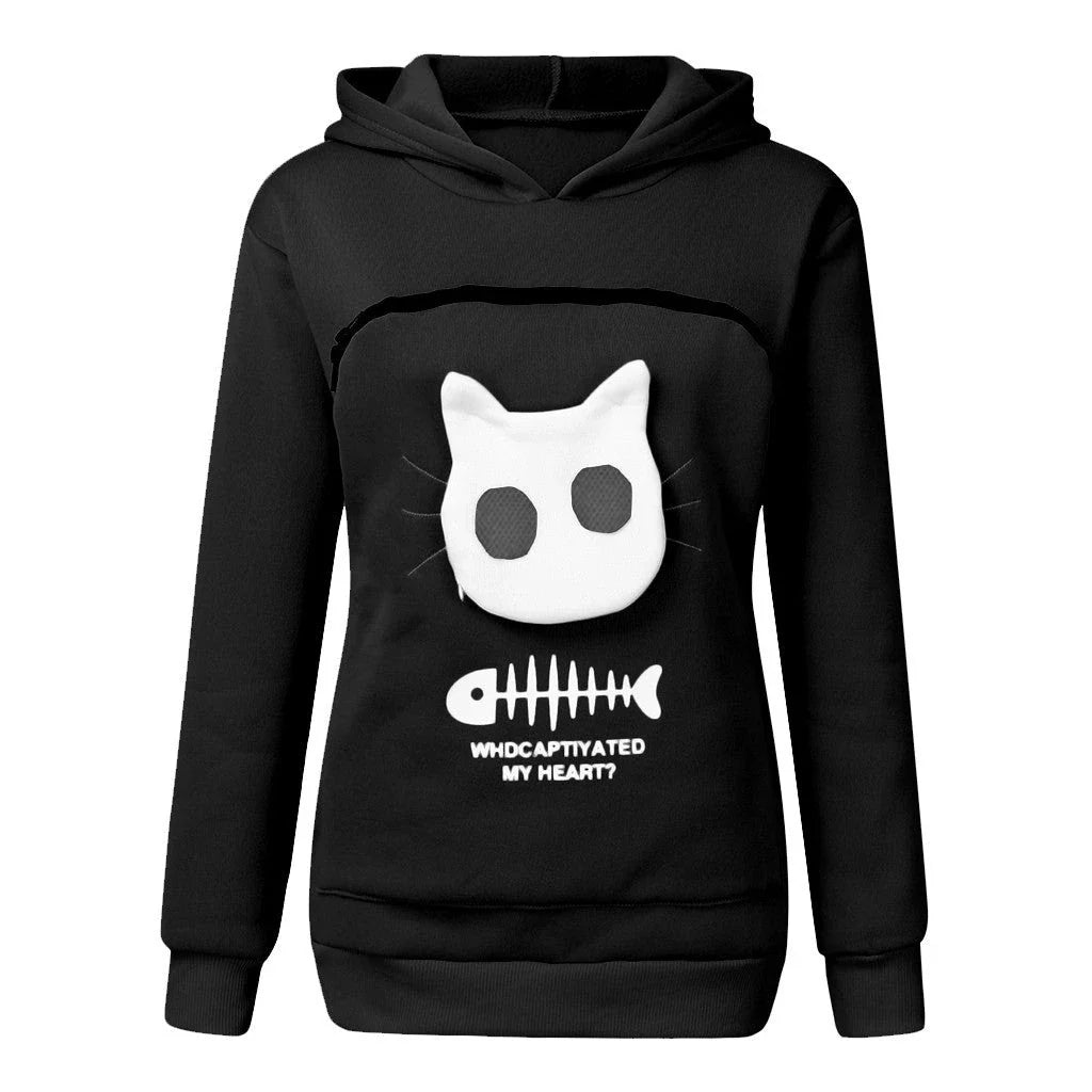 A stylish hooded jumper with a unique cat-themed pocket design, made from premium cotton fabric.