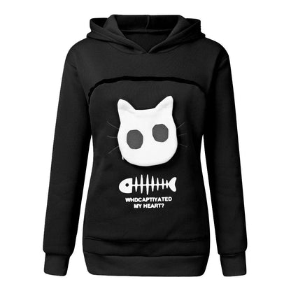 A stylish hooded jumper with a unique cat-themed pocket design, made from premium cotton fabric.