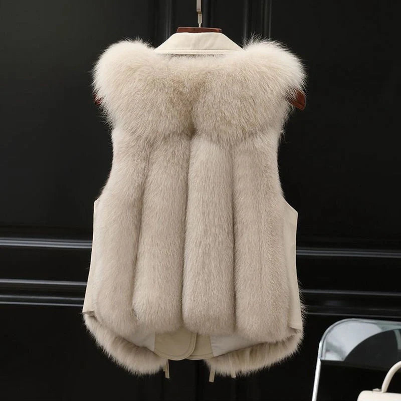 Women's patchwork winter fox fur jacket in milk tea and camel colours