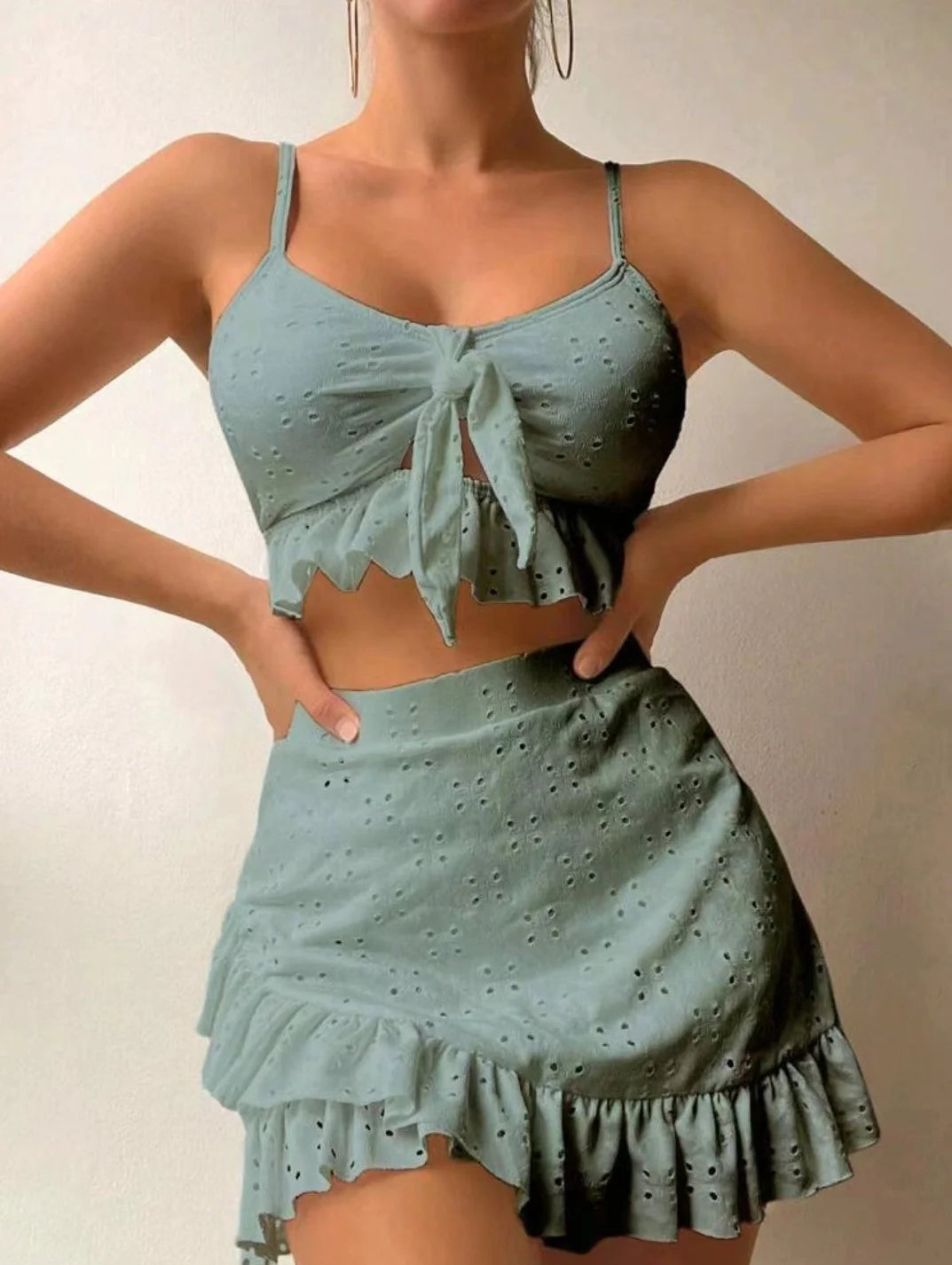 3-piece beach bikini set with hip-hugging skirt and ruffle design in various colours