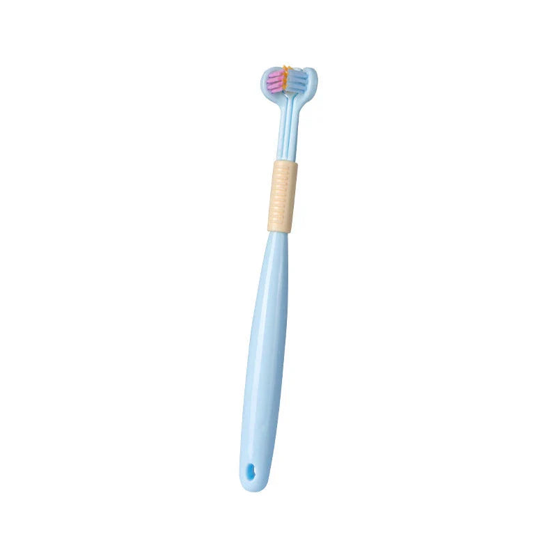 Soft bristle toothbrush with 3-sided brush head for thorough dental cleaning