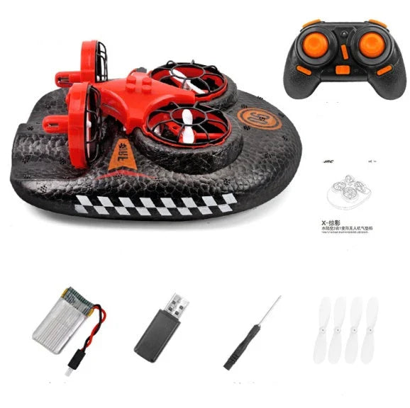 Versatile 3-in-1 RC Hovercraft Drone that can fly, glide on land, and cruise on water with intuitive controls and long-lasting battery life