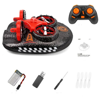 Versatile 3-in-1 RC Hovercraft Drone that can fly, glide on land, and cruise on water with intuitive controls and long-lasting battery life