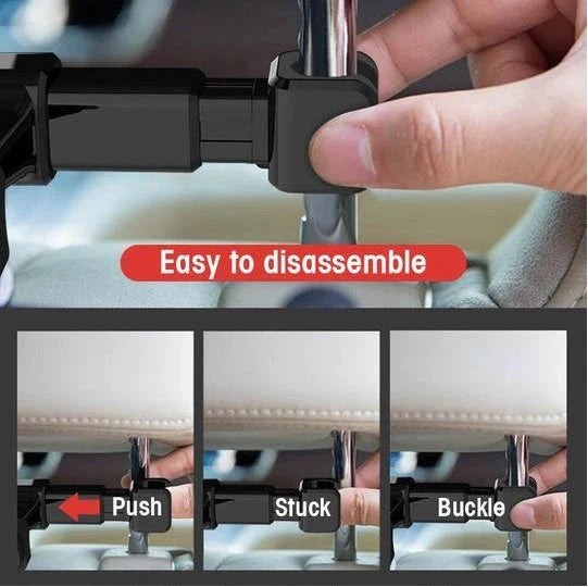 Adjustable car headrest mount for holding smartphones and tablets, with 360-degree swivel and telescopic arm for optimal viewing