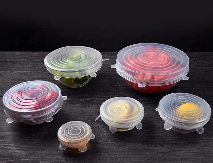 6-piece stretch silicone cookware covers set in various sizes and colours