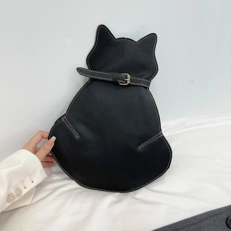 Women's PU leather cat-themed messenger shoulder bag in black, coffee, and brown