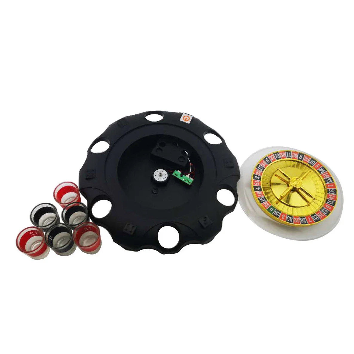 Elegant acrylic and glass roulette game set with spinning wheel and shot glasses, perfect for lively social gatherings