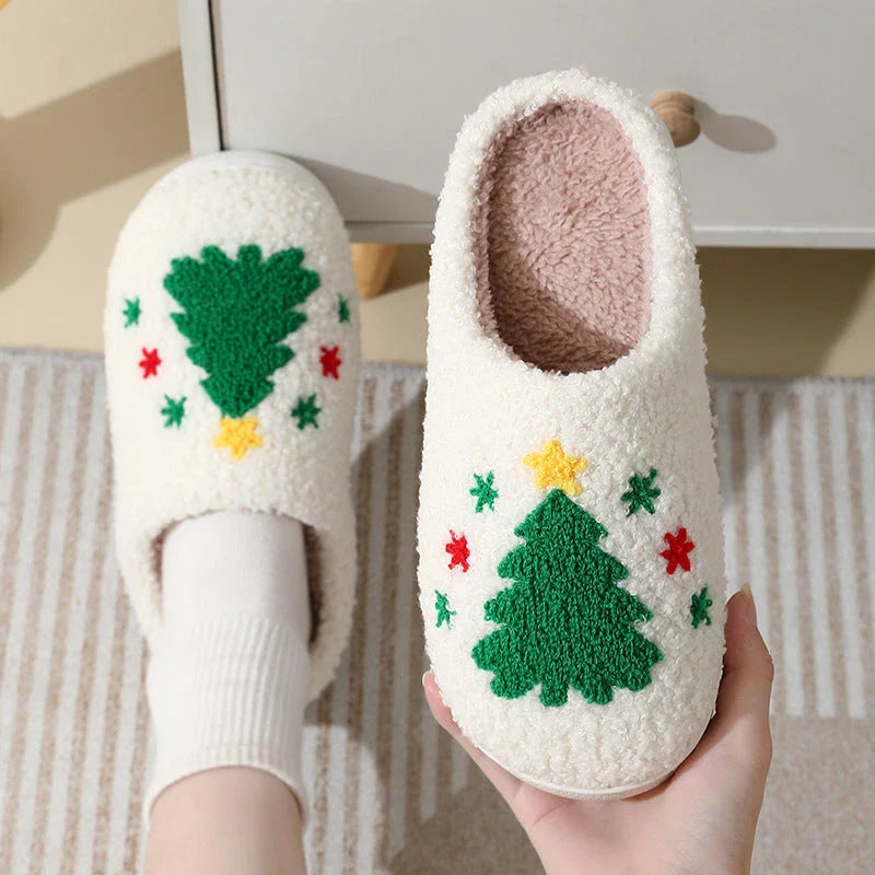 Cozy Christmas slippers in festive designs like Santa Claus, Moose, and Gingerbread Man, featuring plush lining and durable soles