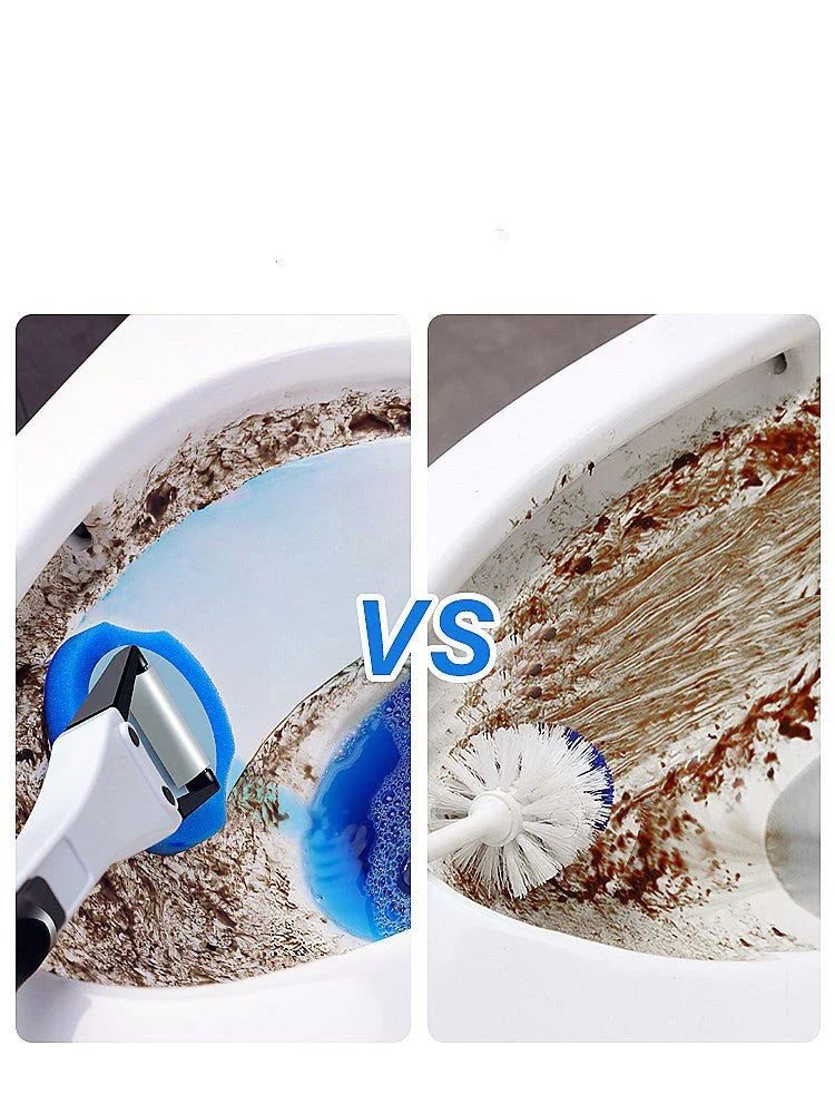 A modern, hygienic toilet cleaning brush with disposable heads and a long handle for easy, hands-free use.