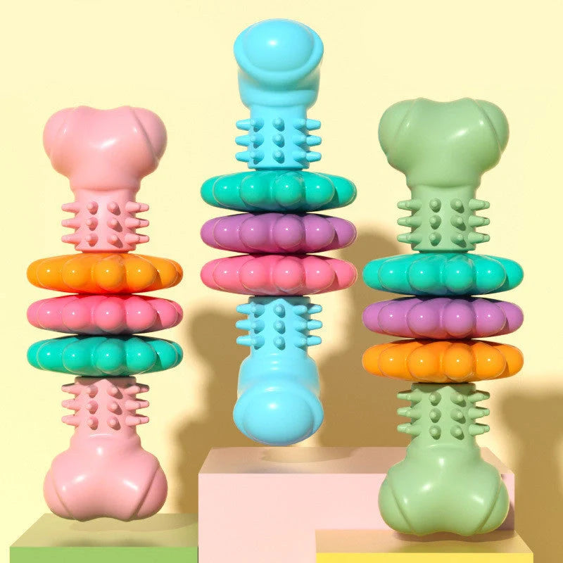 TPR dog chew toy bone shape in blue, pink, and green for teeth cleaning and stress relief