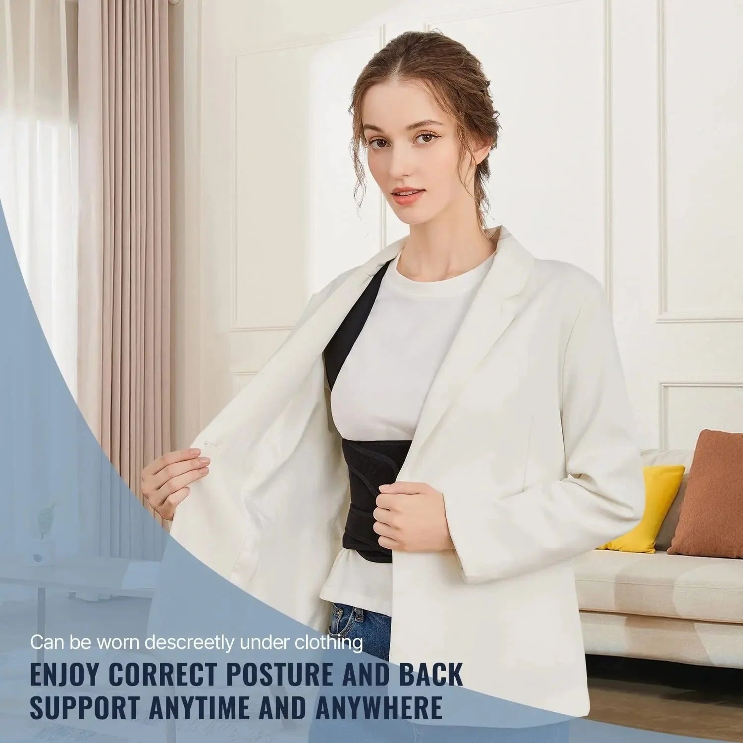 Invisible Back Posture Correcting Support Belt in Black with Breathable Mesh Design