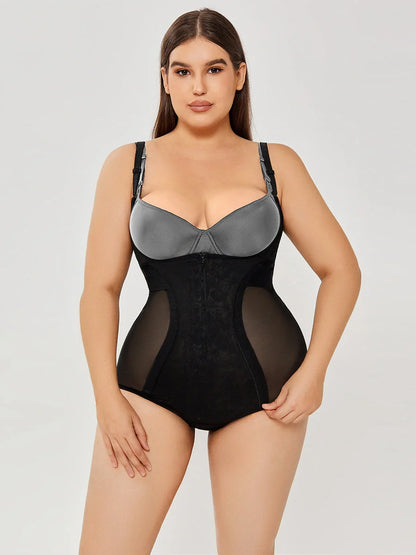 Women's slimming shapewear bodysuit in black and apricot for tummy control and a smooth silhouette.