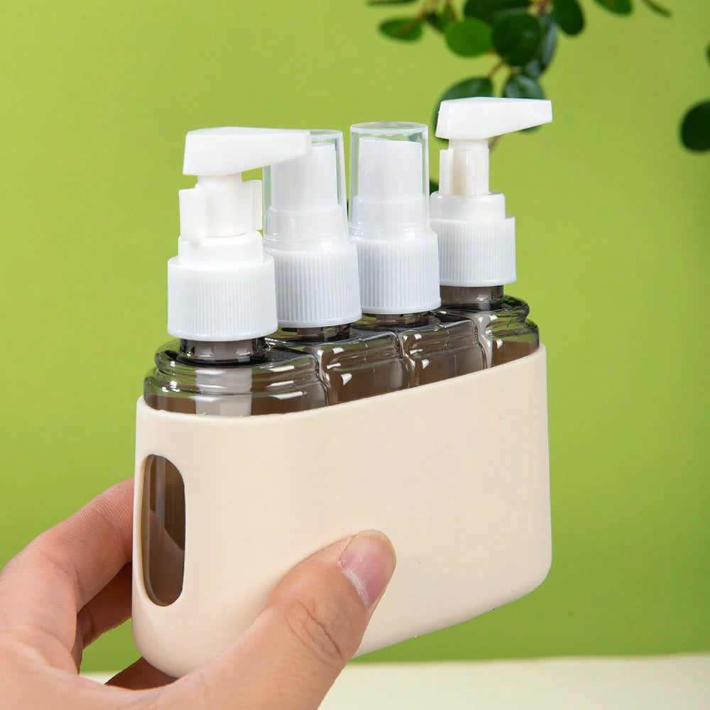 Leak-proof travel bottle set in green, blue, beige, gray, and pink