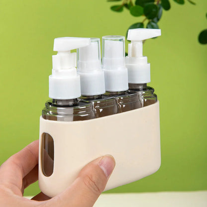 Leak-proof travel bottle set in green, blue, beige, gray, and pink