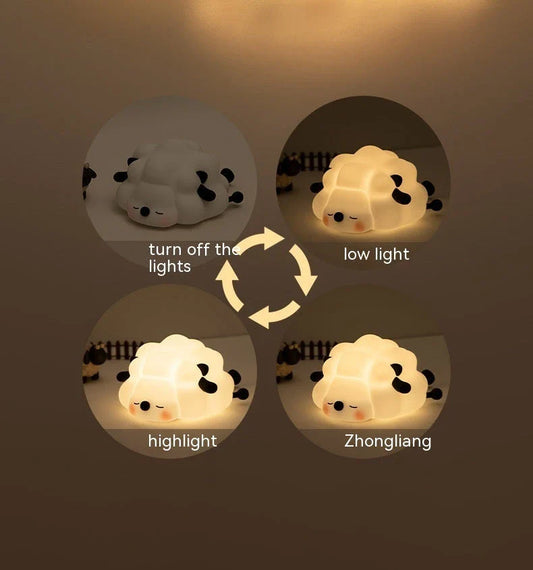 Cozy silicone sheep night light with adjustable brightness and timer function, providing a soothing glow for a child's bedroom