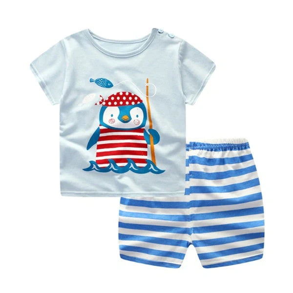 Cotton cartoon clothing sets for infants and young children in various patterns