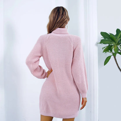 Cozy turtleneck dress with button accents in white, pink, and army green colors