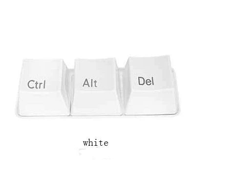 Three keyboard-inspired mugs in white and black colours, arranged on a wooden tray with a minimalist desk setting