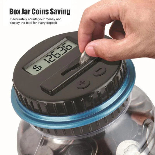 Transparent digital money box with LCD coin counter, designed for effortless coin saving and tracking in the UK