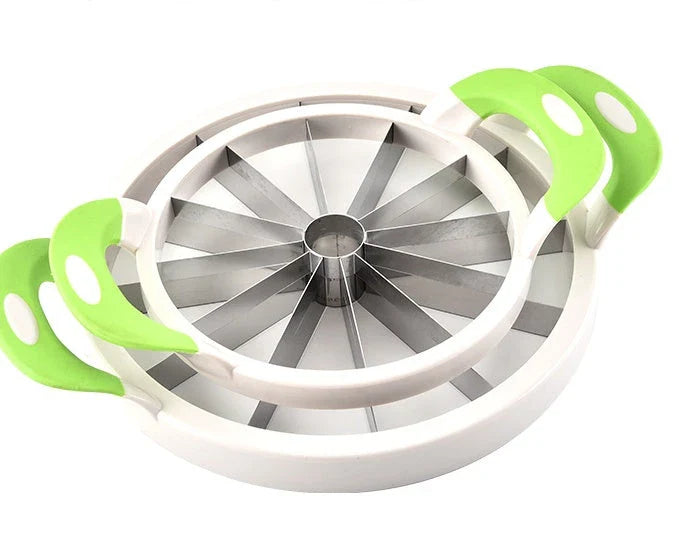 Premium stainless steel watermelon slicer with ergonomic non-slip handles for easy, precise fruit preparation