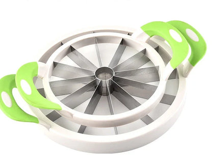 Premium stainless steel watermelon slicer with ergonomic non-slip handles for easy, precise fruit preparation