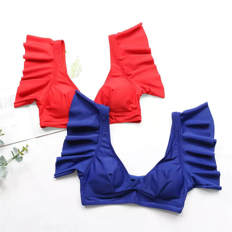 Women's two-piece swimsuit in lightweight polyester, available in red, yellow, and blue