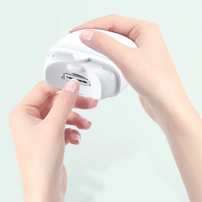 Cordless electric nail trimmer with stainless steel blade, LED light, and automatic debris collection for convenient at-home nail care