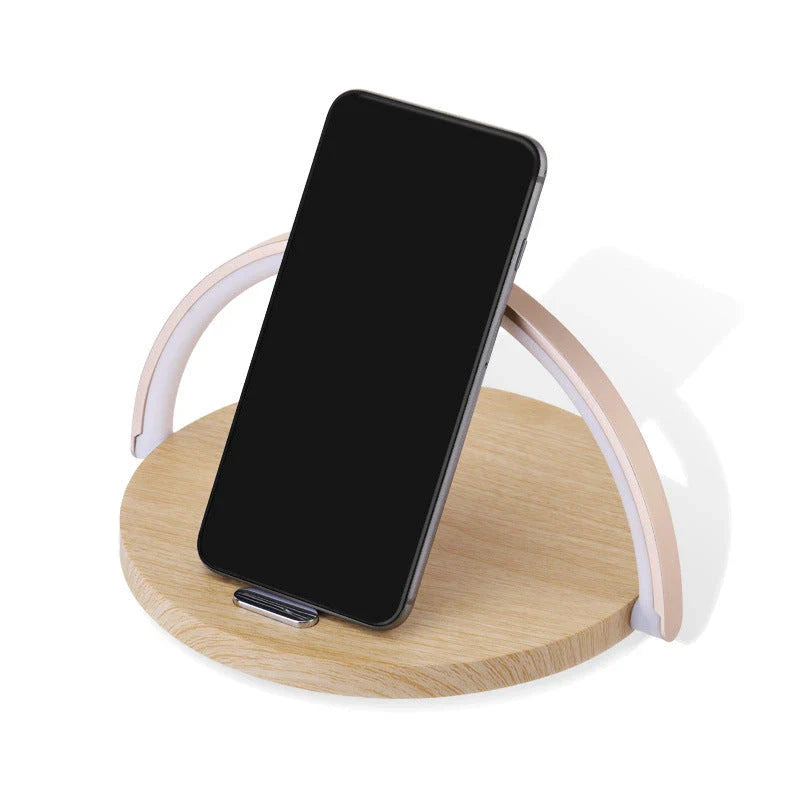Foldable wireless charging stand with integrated LED table lamp for smartphones