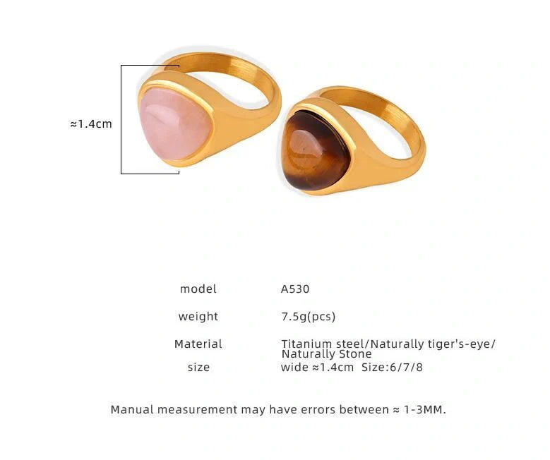 Retro titanium steel ring with natural stone in pink crystal and Tigereye options