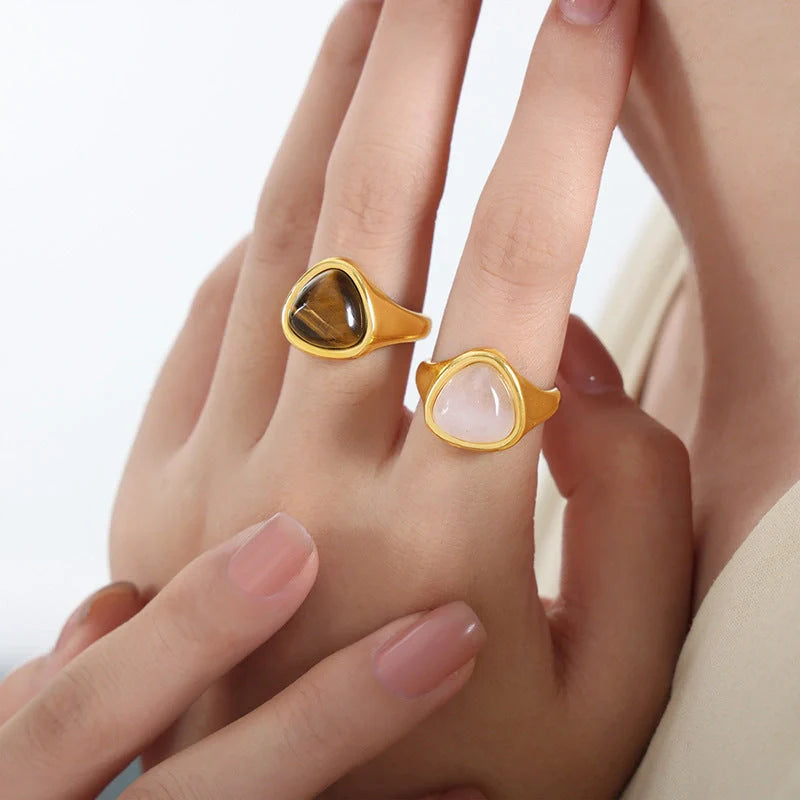 Retro titanium steel ring with natural stone in pink crystal and Tigereye options