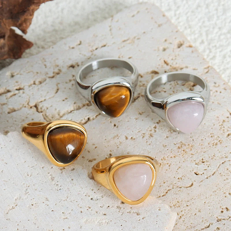 Retro titanium steel ring with natural stone in pink crystal and Tigereye options
