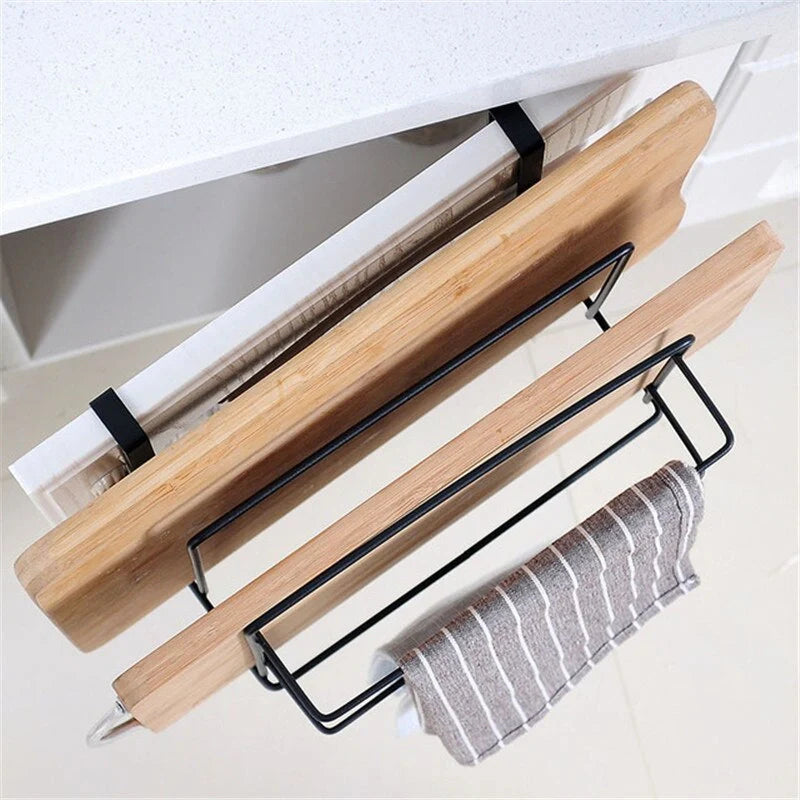 Double layer iron kitchen towel rack for durable storage of chopping boards and rags