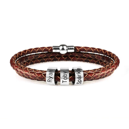 Personalized Leather Bracelet with Engraved Name Charm in Black and Brown Colors