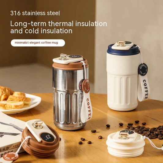 Stainless steel thermal bottle with digital temperature display, available in various colors and 450ml capacity