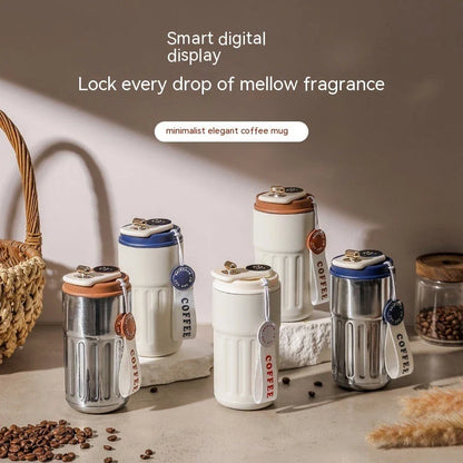 Stainless steel thermal bottle with digital temperature display, available in various colors and 450ml capacity