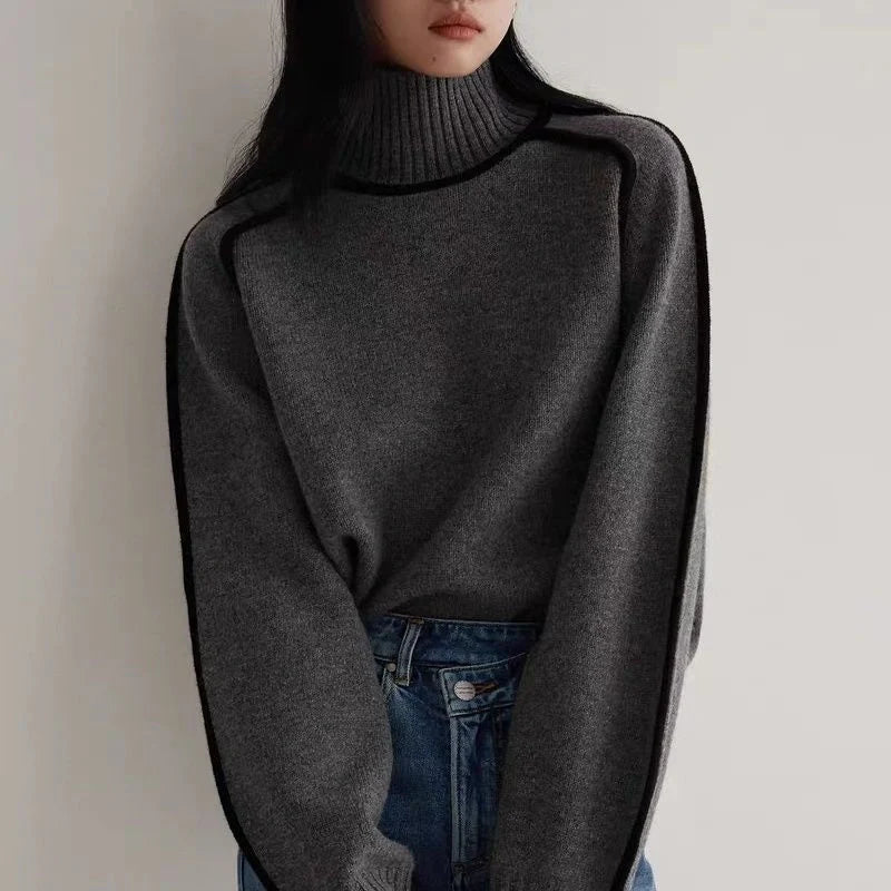 Half turtleneck knitted sweater with three-dimensional design in creamy white, floral brown, gray, and blue