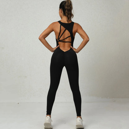Premium yoga jumpsuit with sleek V-shaped back design, available in a variety of vibrant colors for active lifestyles.